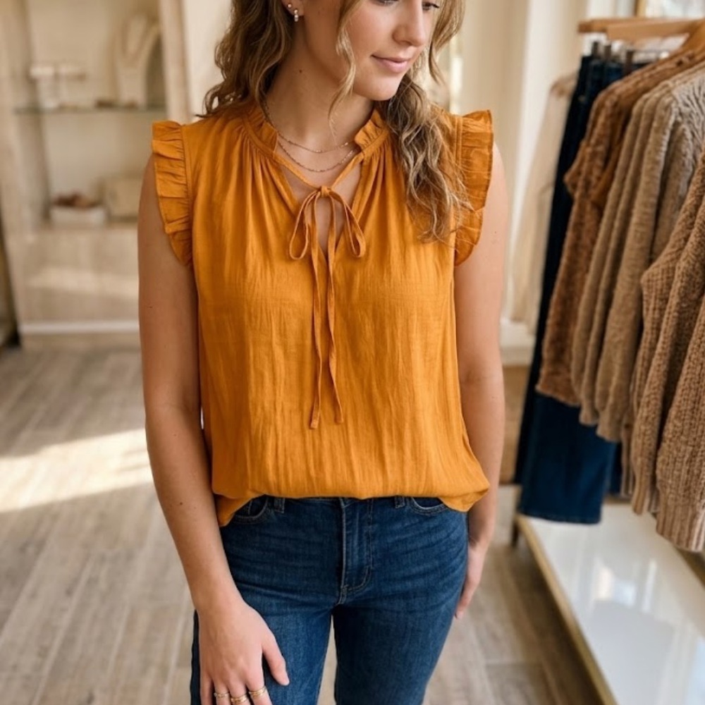 Rachel Sleeveless Tie-Neck Ruffle Top in Mustard Yellow